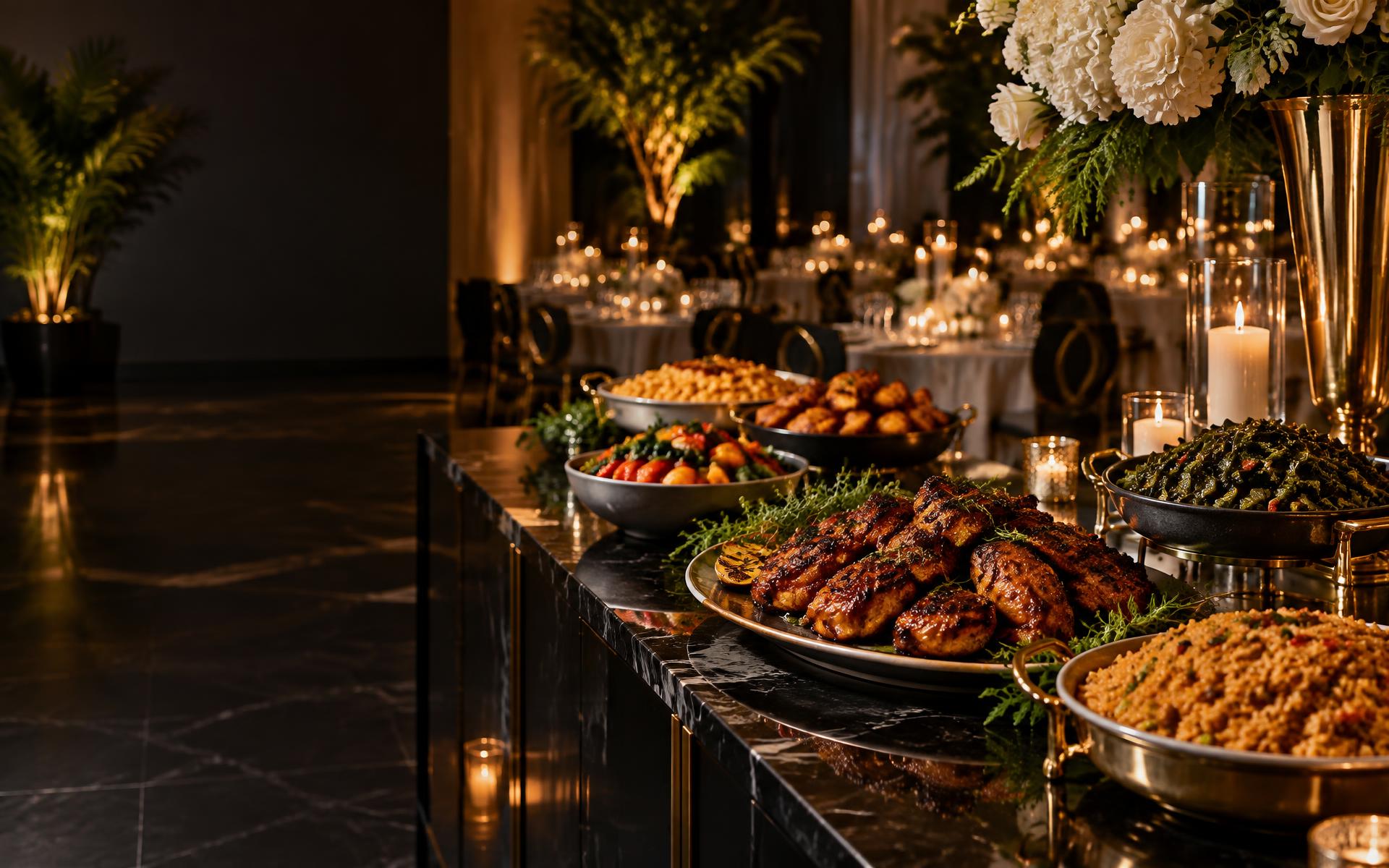 Elegant buffet of Southern-inspired dishes at a candlelit reception